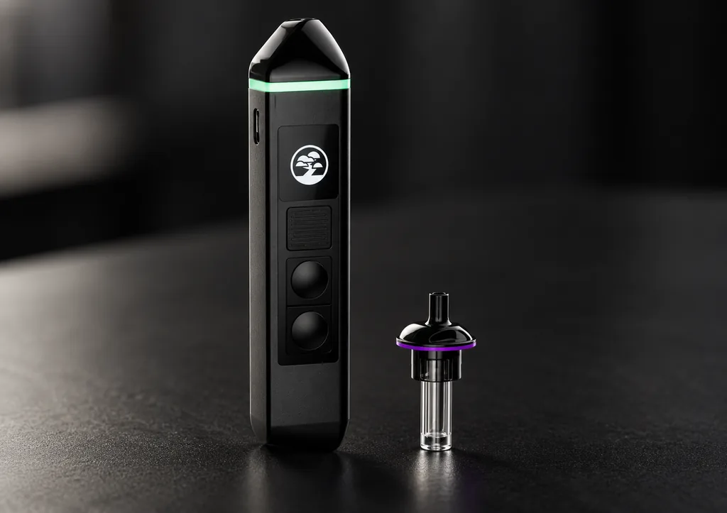 Pre-production render of the Bonsai device concept standing with an uncapped pod on a dark background