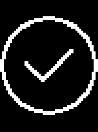 Monochrome proposed dosing-end screen with a central circled check; the check is not evidence of delivery or intake