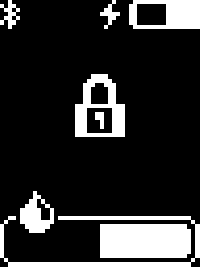 Monochrome proposed locked screen with a central padlock, connection and charging symbols, and a bottom outlined bar