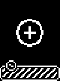 Monochrome proposed pod-reading wait screen with a circled plus above a striped lower band