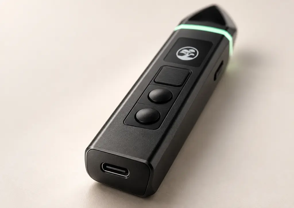 Angled close-up of the Bonsai concept device base on a warm neutral surface with a visible USB-C-shaped port